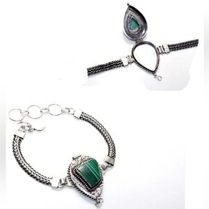 Malachite 925 Silver Plated Poison / Pill Box Bracelet 8.5" Natural Gemstone